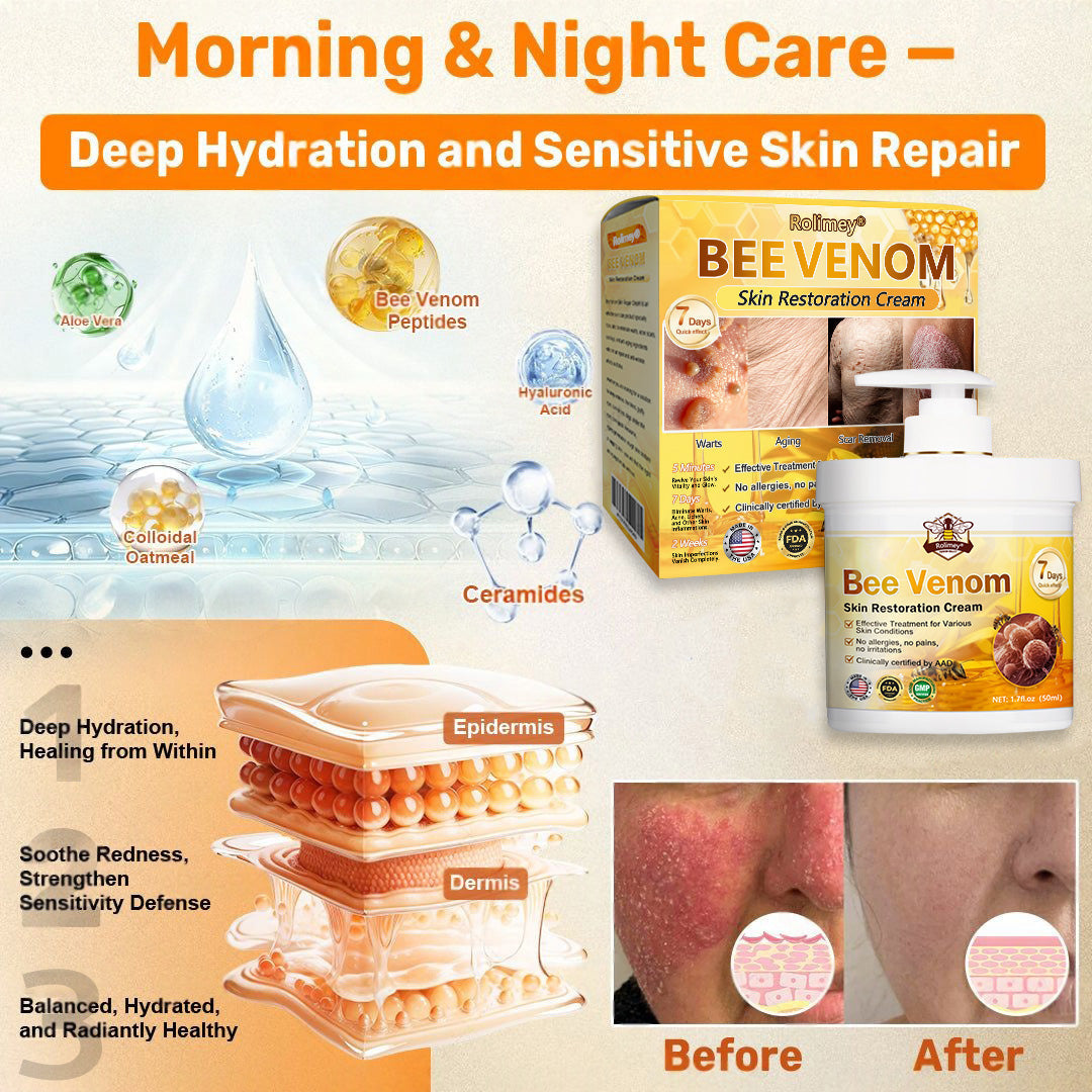 🐝💖FDA Approved|Rolimey® Bee Venom Skin Restoration Cream (Anti-aging, Hydrating, Skin Repair, Even Tone, Acne and Dark Spot Treatment, Wart and Mole Removal, Psoriasis Relief)