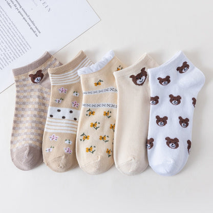 5 Pairs Socks Sets Women Elegant Retro Polyester Cotton Low Tube Women Socks Breathable Japanese Style Casual Cotton Short Sock - cikryna