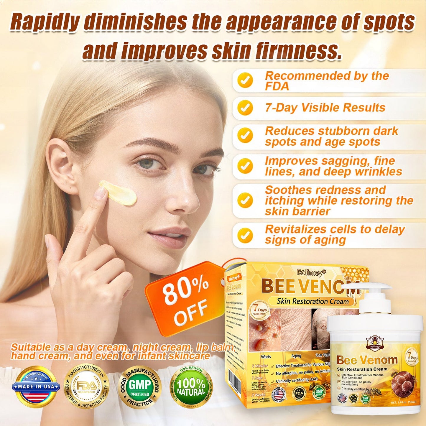 🐝💖FDA Approved|Rolimey® Bee Venom Skin Restoration Cream (Anti-aging, Hydrating, Skin Repair, Even Tone, Acne and Dark Spot Treatment, Wart and Mole Removal, Psoriasis Relief)
