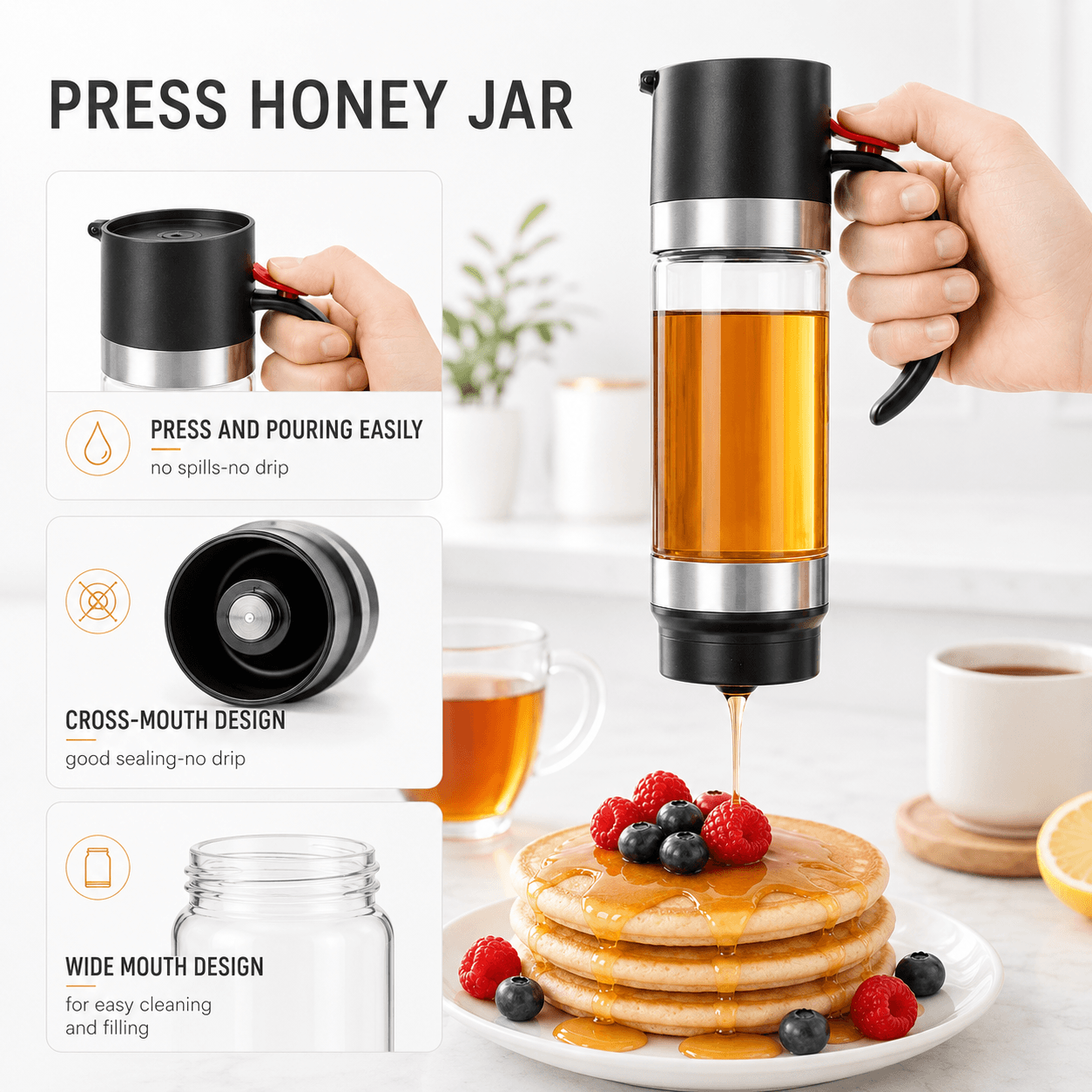 🎈🌷High-borosilicate glass honey jar, press-type dispenser🌷 - cikryna