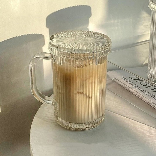Simple Stripe Glass Cup With Lid and Straw Transparent Bubble Tea Cup Juice Glass Beer Can Milk Mocha Cups Breakfast Mug - cikryna